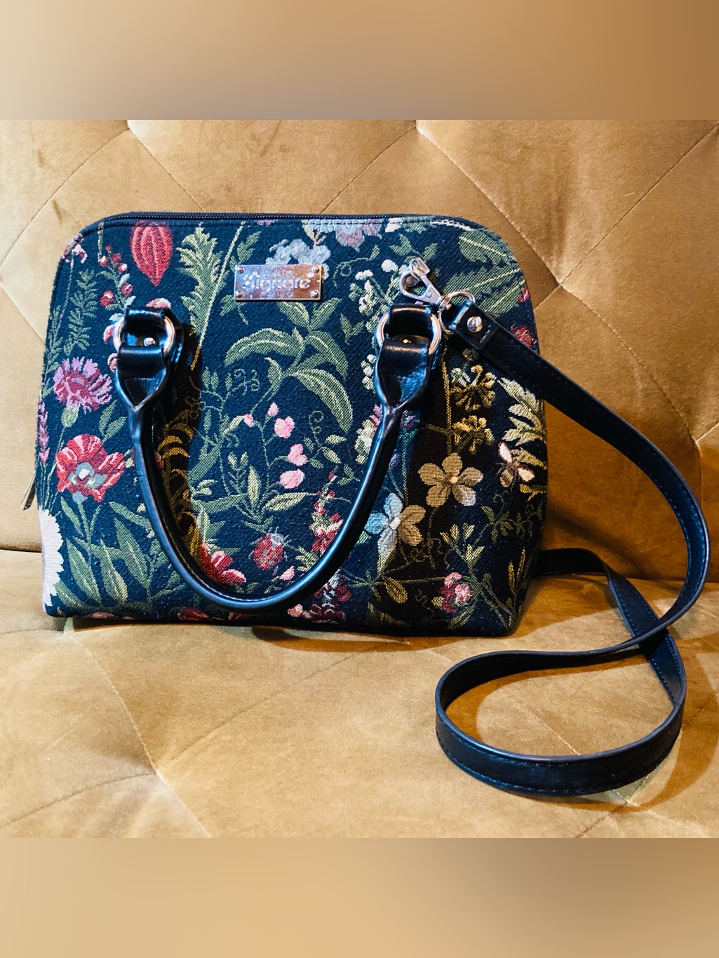 Signare Morning Garden Black Floral Tapestry Satchel Hand Shoulder Crossbody Bag